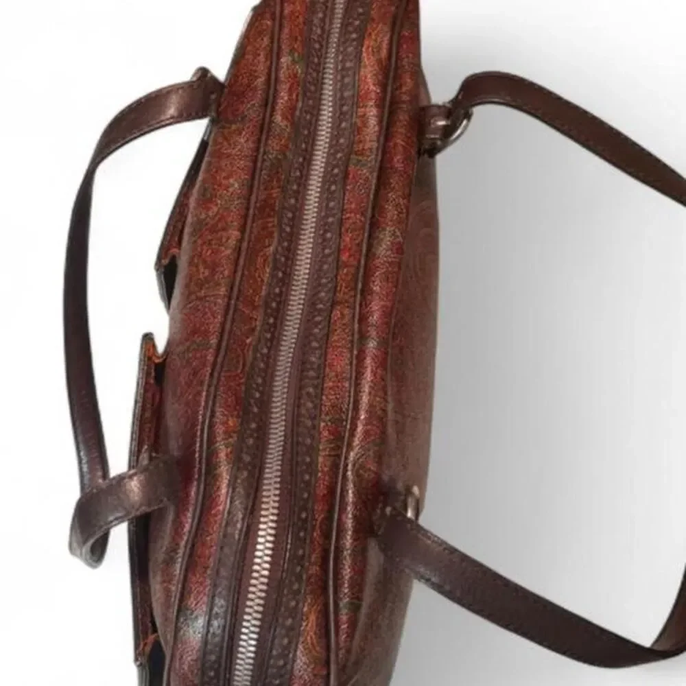 Vintage ETRO Milano Paisley Shoulder Bag Bowler Satchel Brown Leather Italy 13”